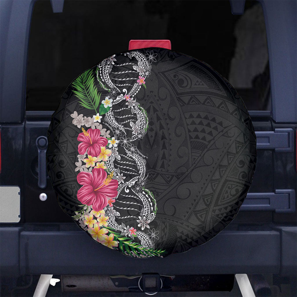 Hawaii DNA Kakau Tattoo Spare Tire Cover with Plumeria and Hibiscus Tropical Plants Black Color