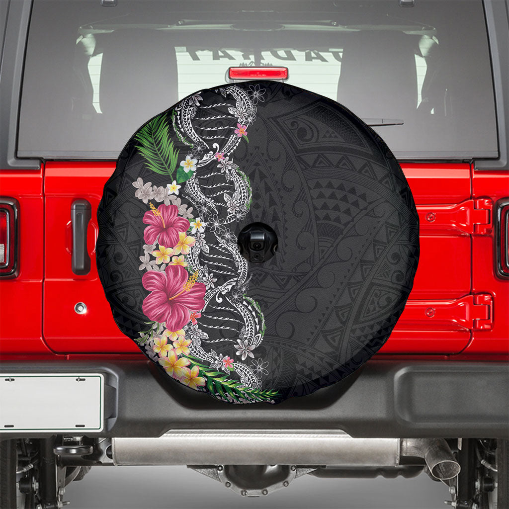 Hawaii DNA Kakau Tattoo Spare Tire Cover with Plumeria and Hibiscus Tropical Plants Black Color