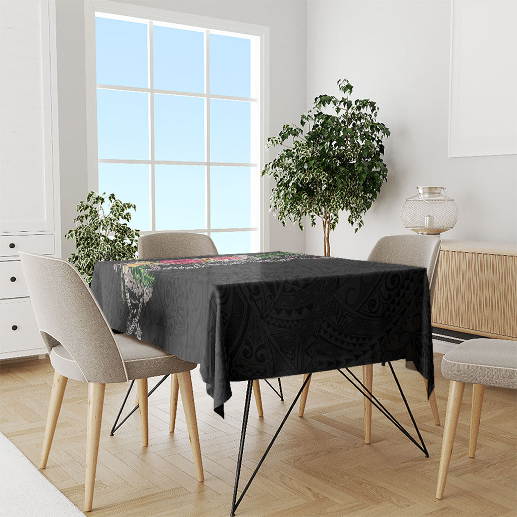 Hawaii DNA Kakau Tattoo Tablecloth with Plumeria and Hibiscus Tropical Plants Black Color