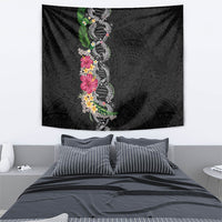 Hawaii DNA Kakau Tattoo Tapestry with Plumeria and Hibiscus Tropical Plants Black Color
