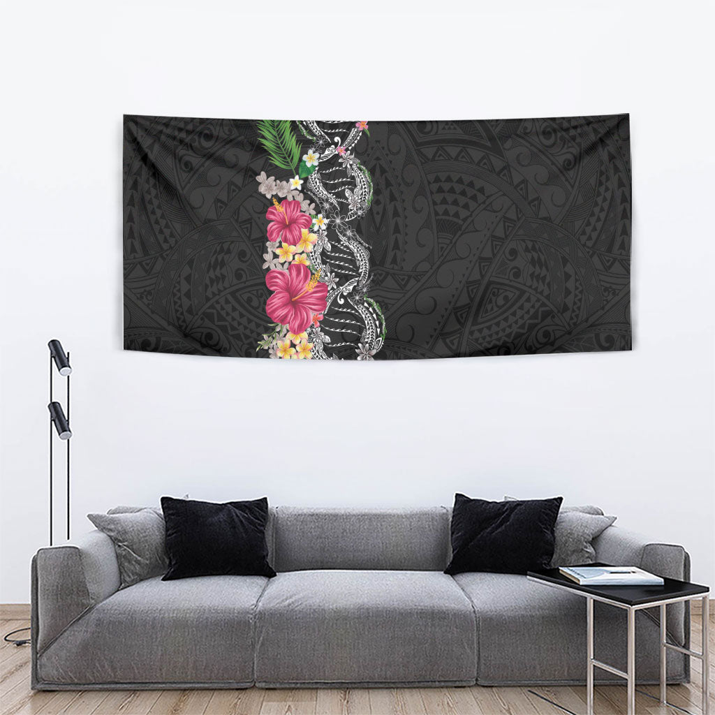 Hawaii DNA Kakau Tattoo Tapestry with Plumeria and Hibiscus Tropical Plants Black Color