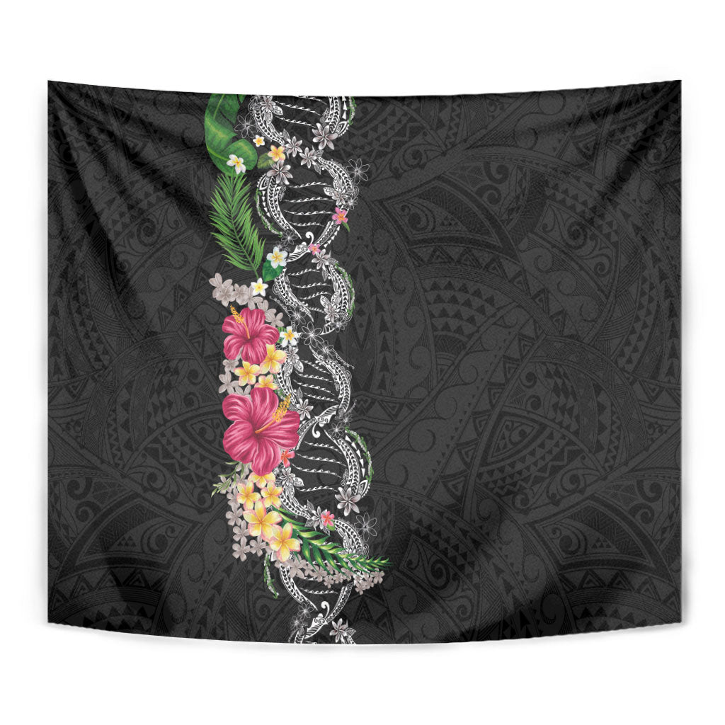 Hawaii DNA Kakau Tattoo Tapestry with Plumeria and Hibiscus Tropical Plants Black Color