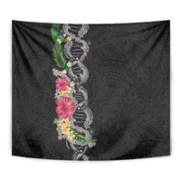Hawaii DNA Kakau Tattoo Tapestry with Plumeria and Hibiscus Tropical Plants Black Color