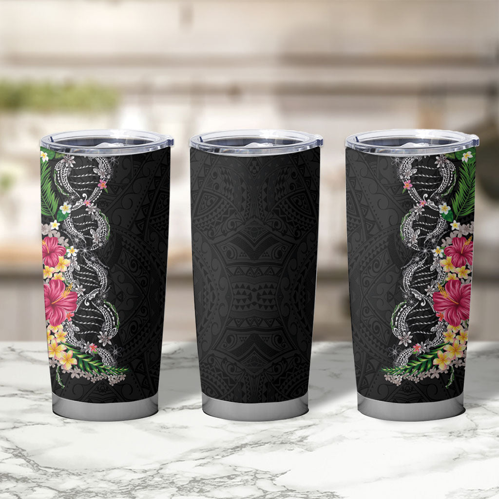 Hawaii DNA Kakau Tattoo Tumbler Cup with Plumeria and Hibiscus Tropical Plants Black Color