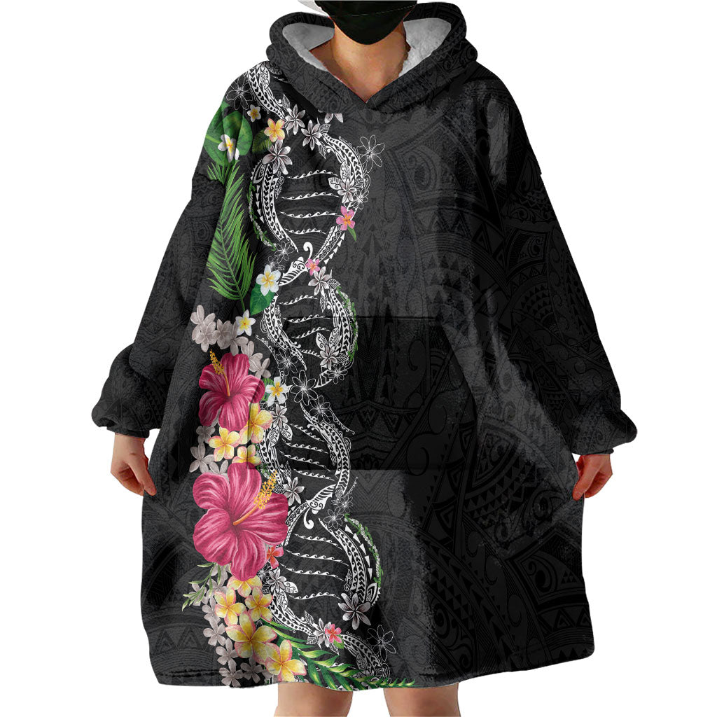 Hawaii DNA Kakau Tattoo Wearable Blanket Hoodie with Plumeria and Hibiscus Tropical Plants Black Color