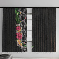 Hawaii DNA Kakau Tattoo Window Curtain with Plumeria and Hibiscus Tropical Plants Black Color