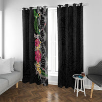 Hawaii DNA Kakau Tattoo Window Curtain with Plumeria and Hibiscus Tropical Plants Black Color