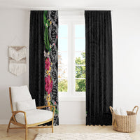 Hawaii DNA Kakau Tattoo Window Curtain with Plumeria and Hibiscus Tropical Plants Black Color
