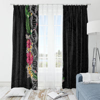 Hawaii DNA Kakau Tattoo Window Curtain with Plumeria and Hibiscus Tropical Plants Black Color