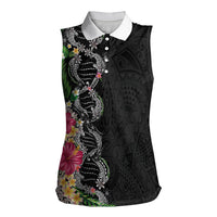 Hawaii DNA Kakau Tattoo Women Sleeveless Polo Shirt with Plumeria and Hibiscus Tropical Plants Black Color