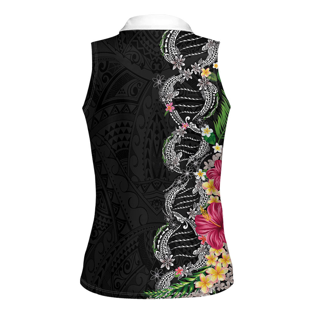 Hawaii DNA Kakau Tattoo Women Sleeveless Polo Shirt with Plumeria and Hibiscus Tropical Plants Black Color