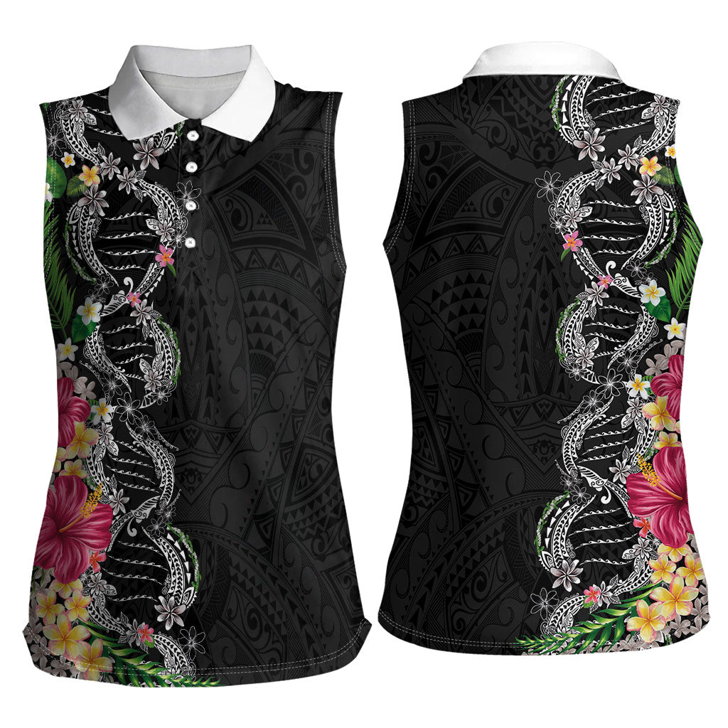 Hawaii DNA Kakau Tattoo Women Sleeveless Polo Shirt with Plumeria and Hibiscus Tropical Plants Black Color