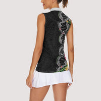 Hawaii DNA Kakau Tattoo Women Sleeveless Polo Shirt with Plumeria and Hibiscus Tropical Plants Black Color