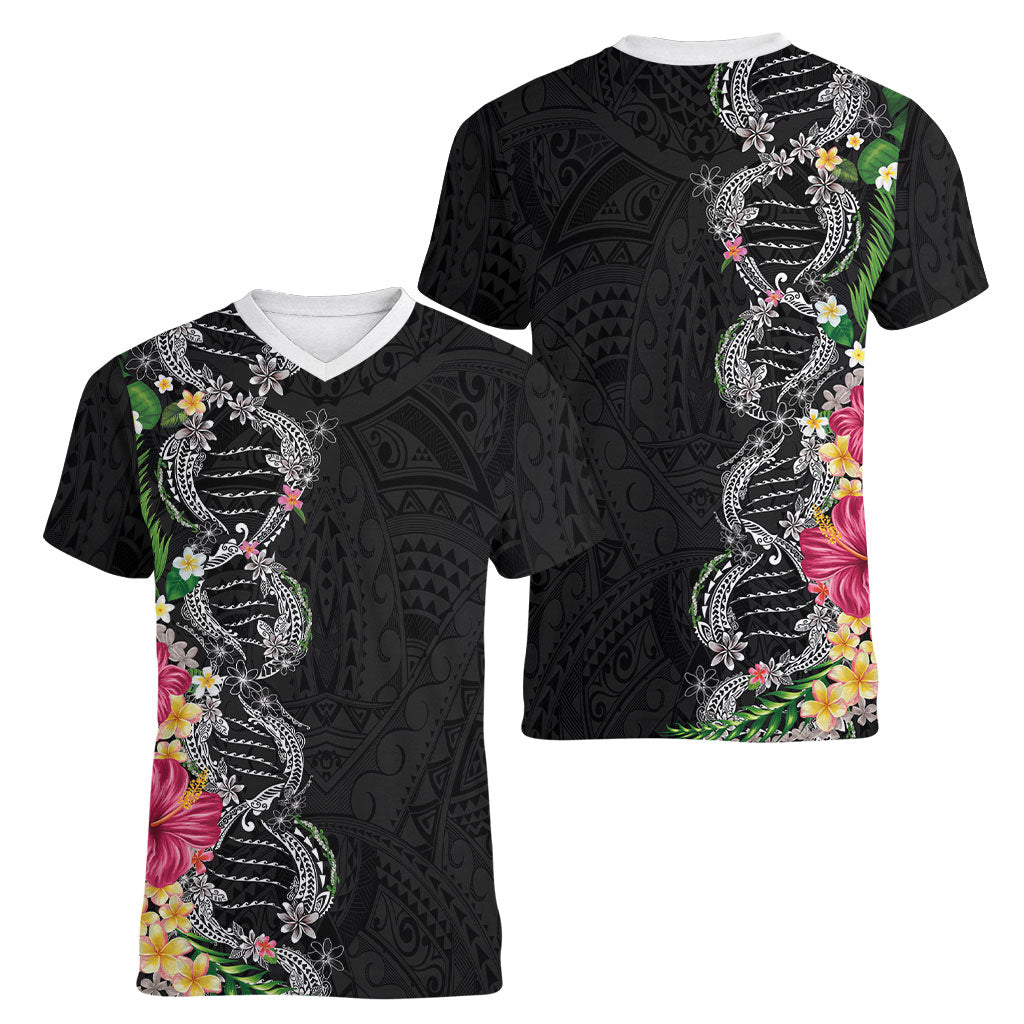 Hawaii DNA Kakau Tattoo Women V-Neck T-Shirt with Plumeria and Hibiscus Tropical Plants Black Color