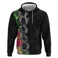 Hawaii DNA Kakau Tattoo Zip Hoodie with Plumeria and Hibiscus Tropical Plants Black Color