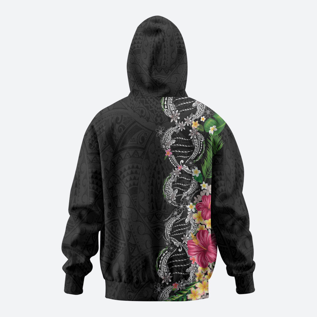 Hawaii DNA Kakau Tattoo Zip Hoodie with Plumeria and Hibiscus Tropical Plants Black Color