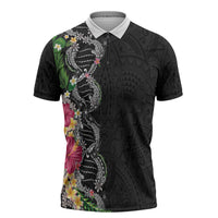 Hawaii DNA Kakau Tattoo Zipper Polo Shirt with Plumeria and Hibiscus Tropical Plants Black Color