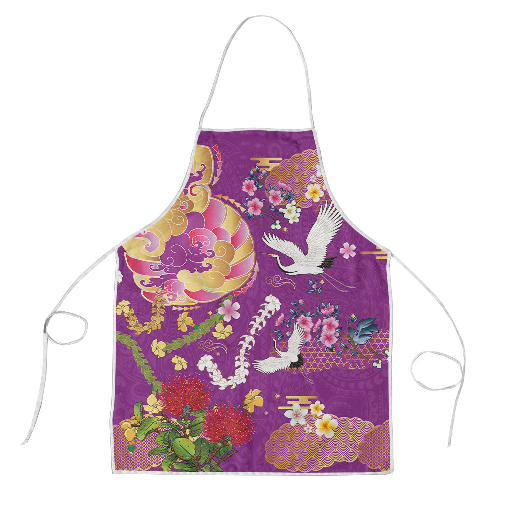 Hawaiian and Japanese Culture Together Apron Kakau Tribal Pattern and Irezumi Art Purple Color