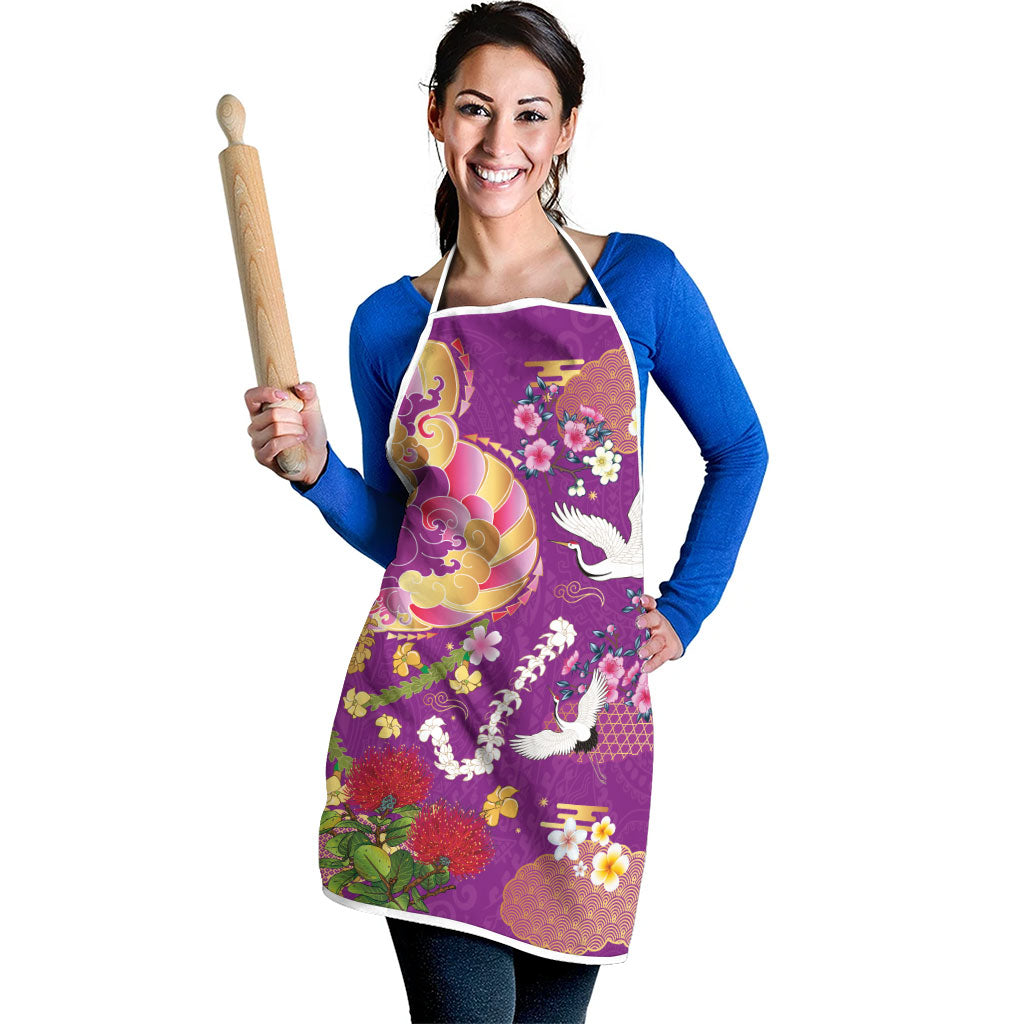 Hawaiian and Japanese Culture Together Apron Kakau Tribal Pattern and Irezumi Art Purple Color