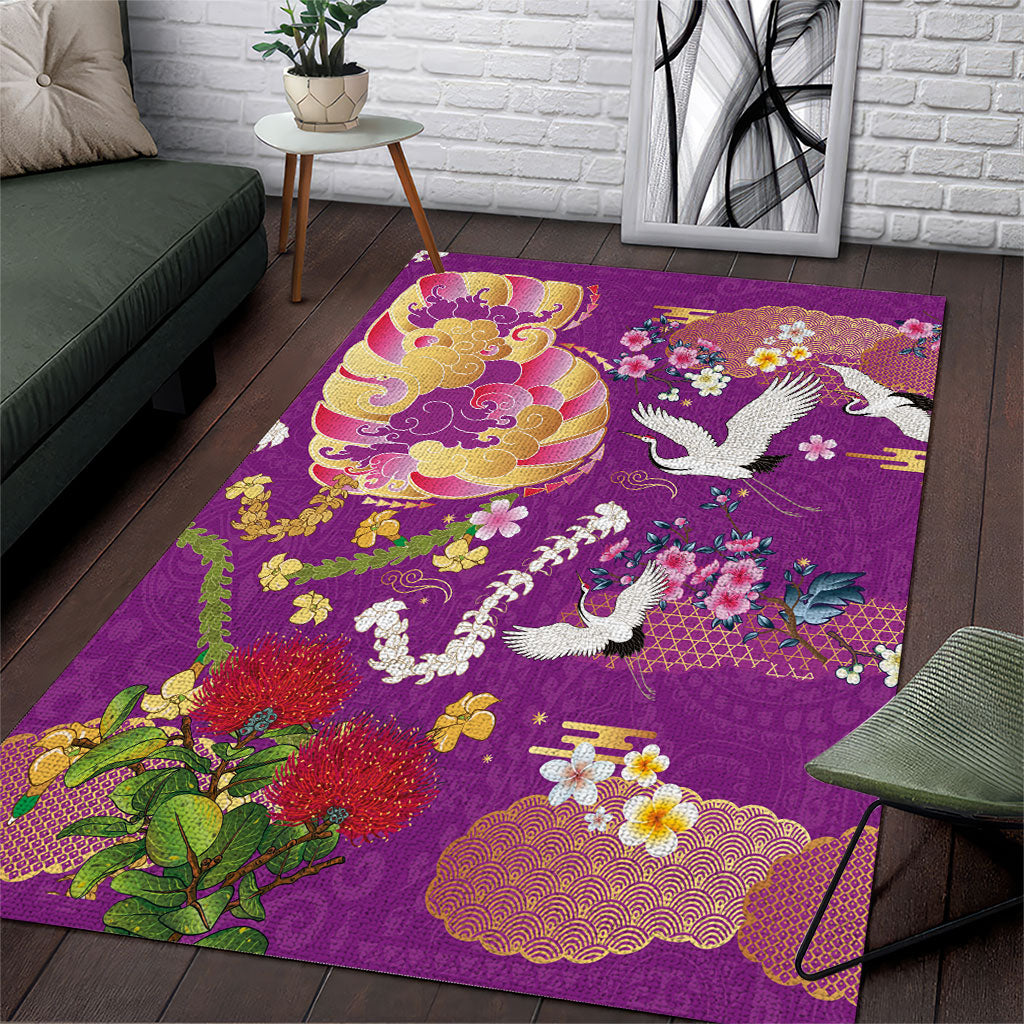 Hawaiian and Japanese Culture Together Area Rug Kakau Tribal Pattern and Irezumi Art Purple Color