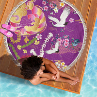 Hawaiian and Japanese Culture Together Beach Blanket Kakau Tribal Pattern and Irezumi Art Purple Color