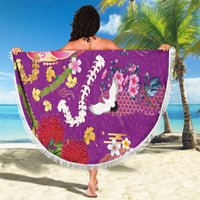 Hawaiian and Japanese Culture Together Beach Blanket Kakau Tribal Pattern and Irezumi Art Purple Color