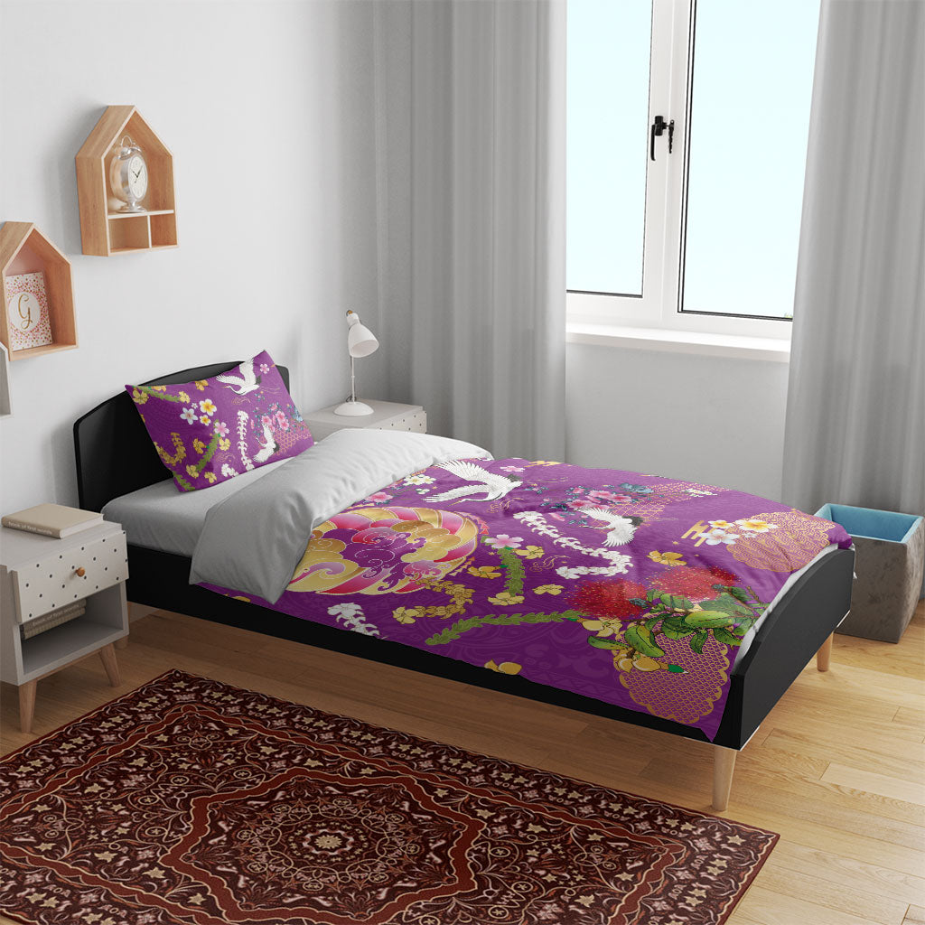 Hawaiian and Japanese Culture Together Bedding Set Kakau Tribal Pattern and Irezumi Art Purple Color