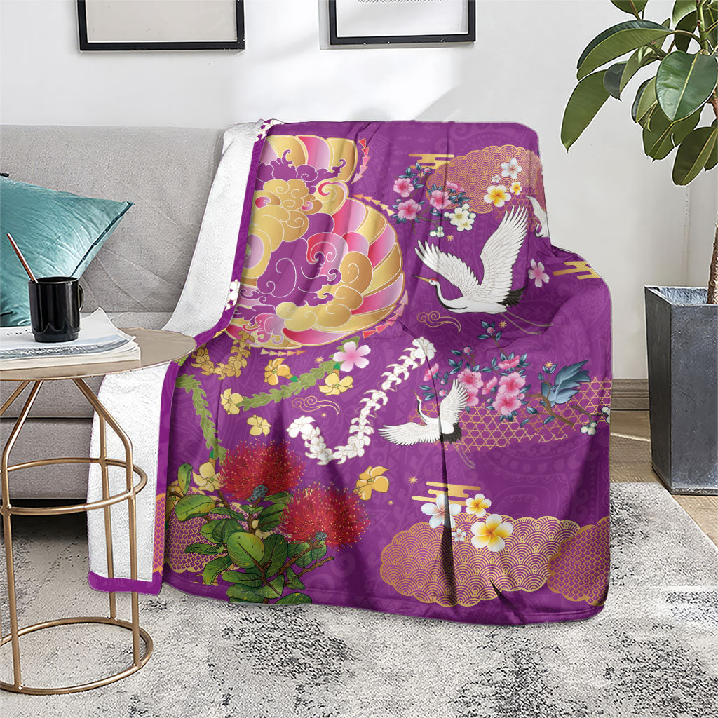 Hawaiian and Japanese Culture Together Blanket Kakau Tribal Pattern and Irezumi Art Purple Color