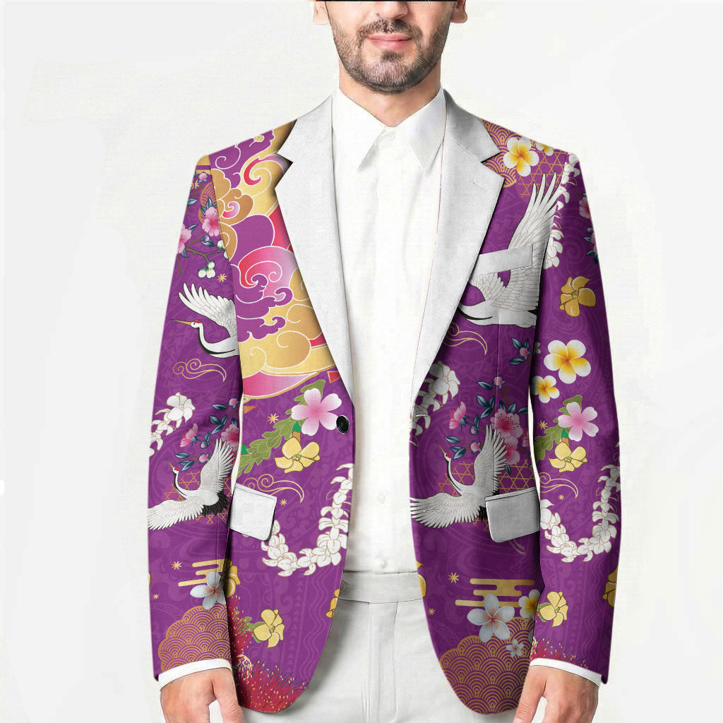 Hawaiian and Japanese Culture Together Blazer Kakau Tribal Pattern and Irezumi Art Purple Color