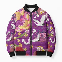 Hawaiian and Japanese Culture Together Bomber Puffer Jacket Kakau Tribal Pattern and Irezumi Art Purple Color