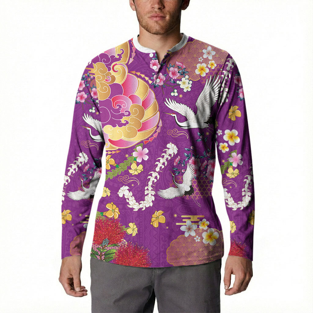 Hawaiian and Japanese Culture Together Button Sweatshirt Kakau Tribal Pattern and Irezumi Art Purple Color
