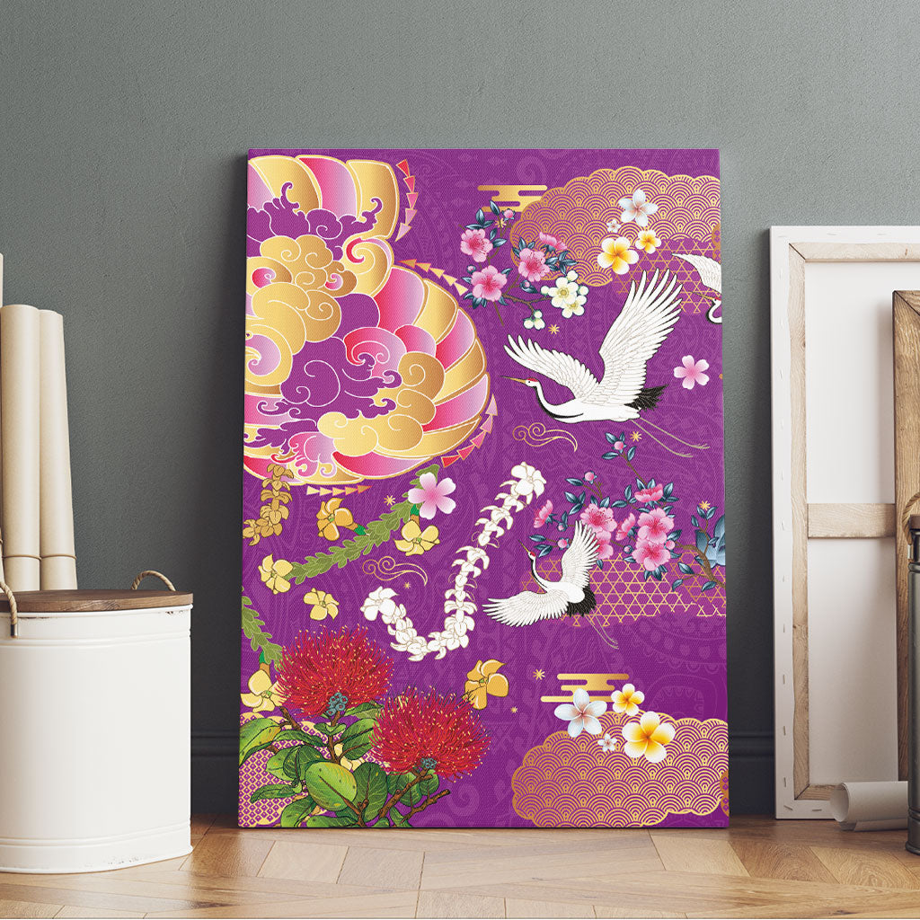 Hawaiian and Japanese Culture Together Canvas Wall Art Kakau Tribal Pattern and Irezumi Art Purple Color