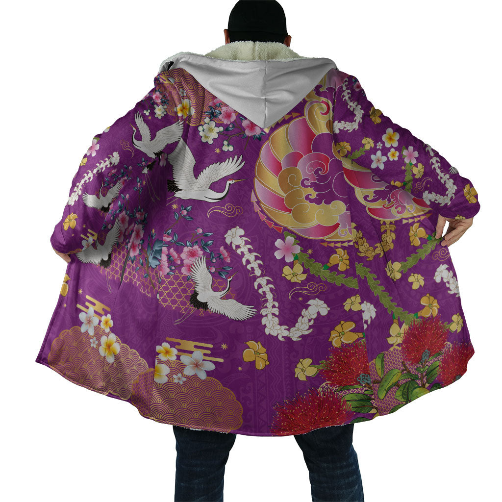 Hawaiian and Japanese Culture Together Cloak Kakau Tribal Pattern and Irezumi Art Purple Color