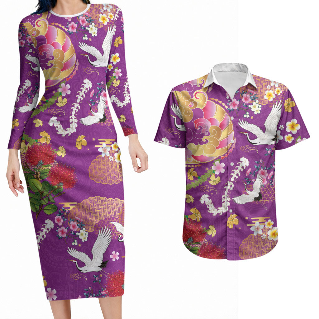 Hawaiian and Japanese Culture Together Couples Matching Long Sleeve Bodycon Dress and Hawaiian Shirt Kakau Tribal Pattern and Irezumi Art Purple Color LT03 Purple - Polynesian Pride