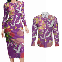 Hawaiian and Japanese Culture Together Couples Matching Long Sleeve Bodycon Dress and Long Sleeve Button Shirt Kakau Tribal Pattern and Irezumi Art Purple Color