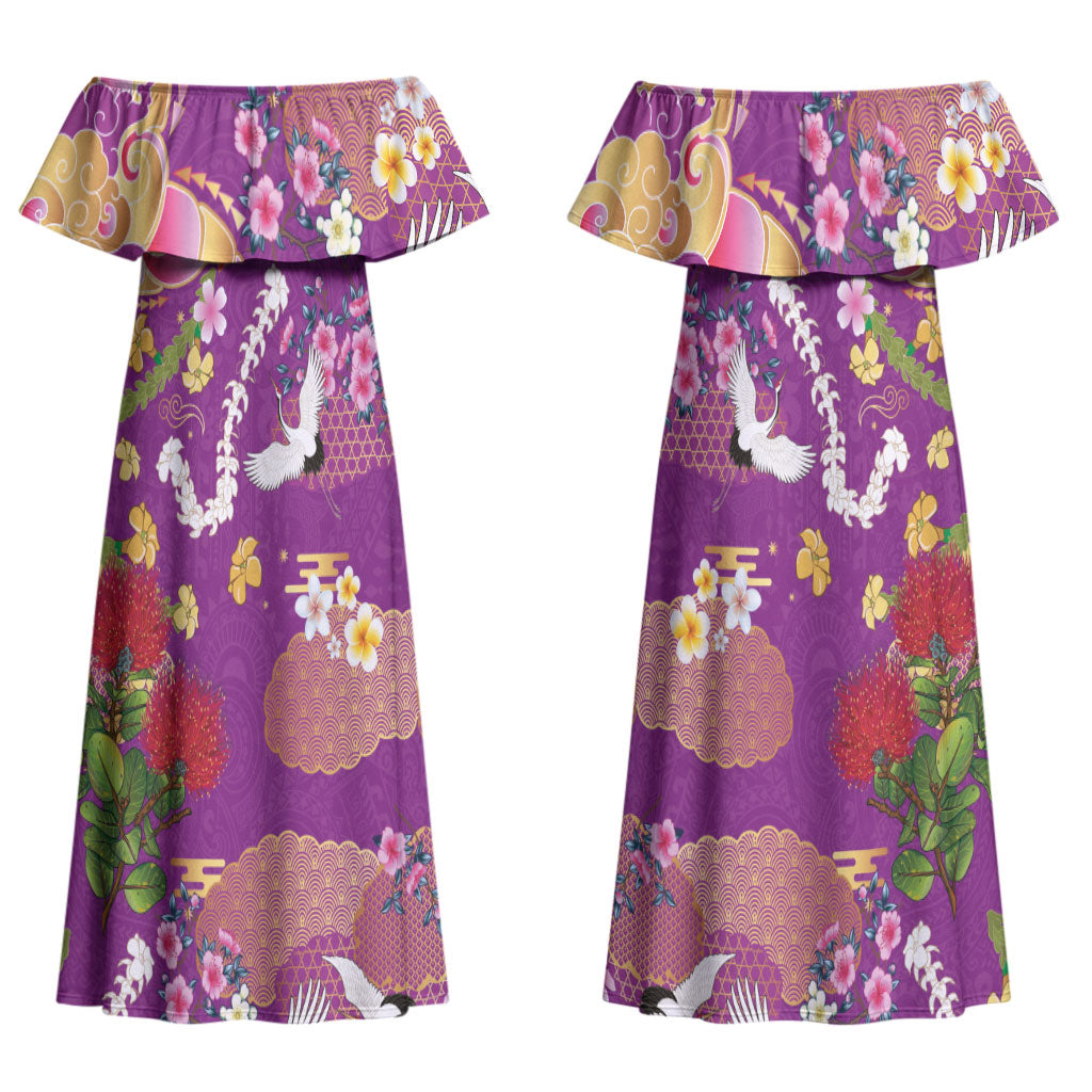 Hawaiian and Japanese Culture Together Couples Matching Off Shoulder Maxi Dress and Hawaiian Shirt Kakau Tribal Pattern and Irezumi Art Purple Color