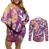Hawaiian and Japanese Culture Together Couples Matching Off Shoulder Short Dress and Long Sleeve Button Shirt Kakau Tribal Pattern and Irezumi Art Purple Color
