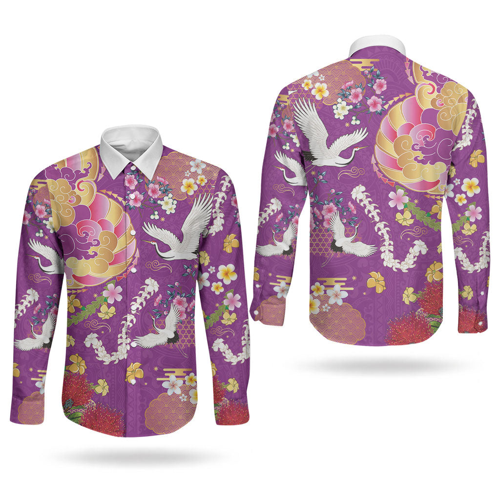 Hawaiian and Japanese Culture Together Couples Matching Off Shoulder Short Dress and Long Sleeve Button Shirt Kakau Tribal Pattern and Irezumi Art Purple Color
