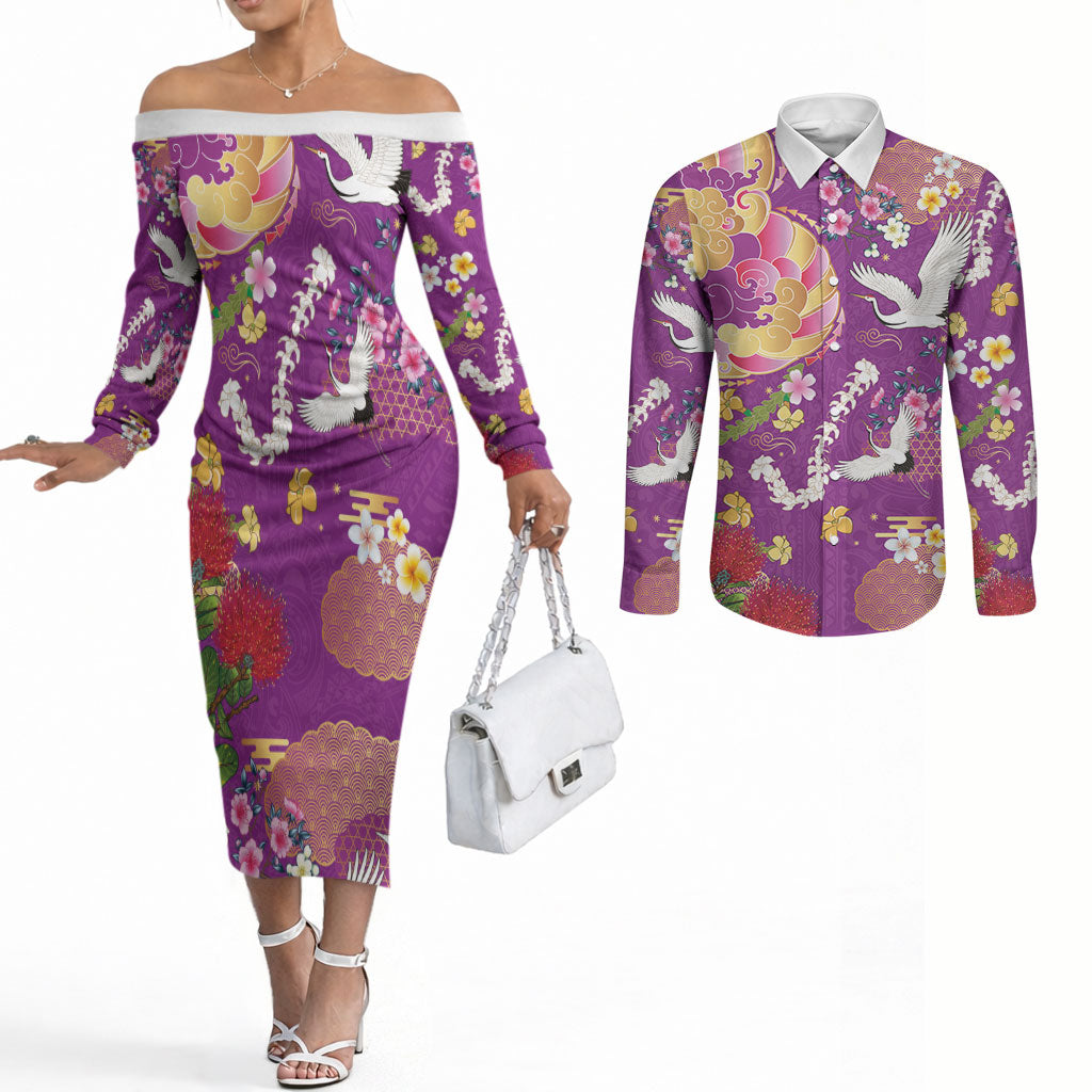 Hawaiian and Japanese Culture Together Couples Matching Off The Shoulder Long Sleeve Dress and Long Sleeve Button Shirt Kakau Tribal Pattern and Irezumi Art Purple Color