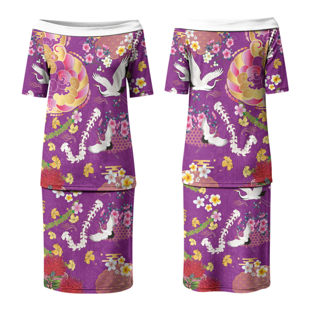 Hawaiian and Japanese Culture Together Couples Matching Puletasi and Hawaiian Shirt Kakau Tribal Pattern and Irezumi Art Purple Color