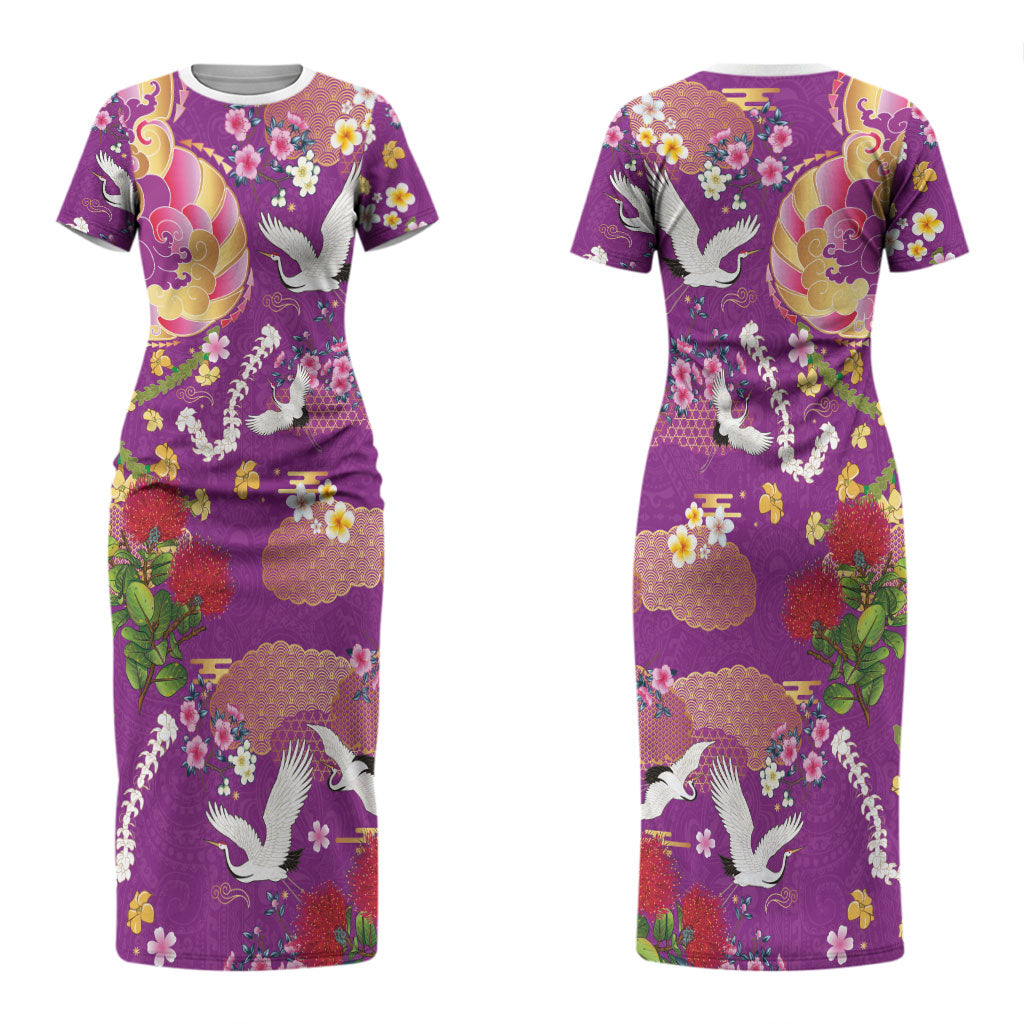 Hawaiian and Japanese Culture Together Couples Matching Short Sleeve Bodycon Dress and Hawaiian Shirt Kakau Tribal Pattern and Irezumi Art Purple Color