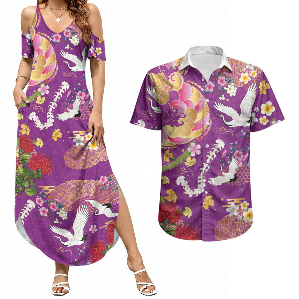 Hawaiian and Japanese Culture Together Couples Matching Summer Maxi Dress and Hawaiian Shirt Kakau Tribal Pattern and Irezumi Art Purple Color LT03 Purple - Polynesian Pride