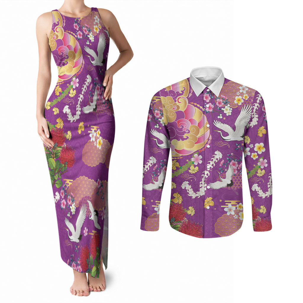 Hawaiian and Japanese Culture Together Couples Matching Tank Maxi Dress and Long Sleeve Button Shirt Kakau Tribal Pattern and Irezumi Art Purple Color