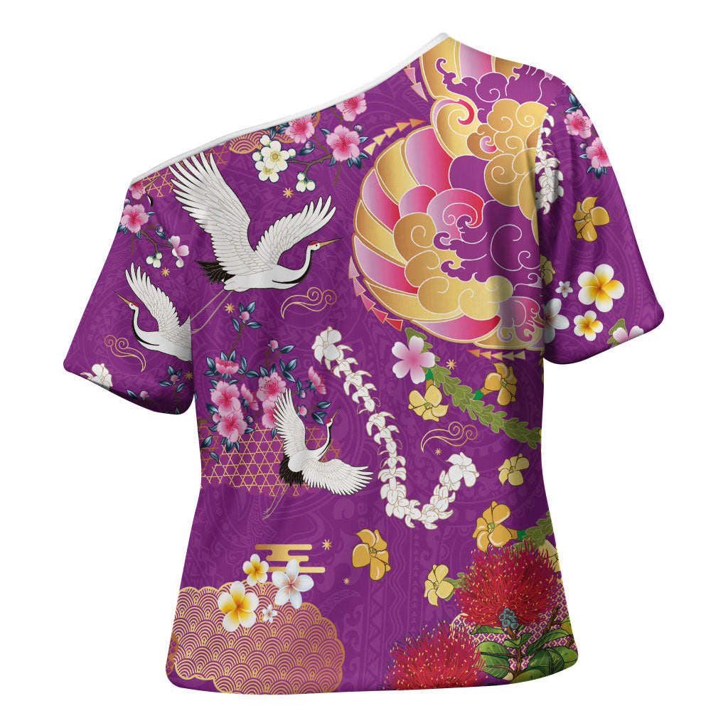 Hawaiian and Japanese Culture Together Cross Shoulder Shirt Kakau Tribal Pattern and Irezumi Art Purple Color