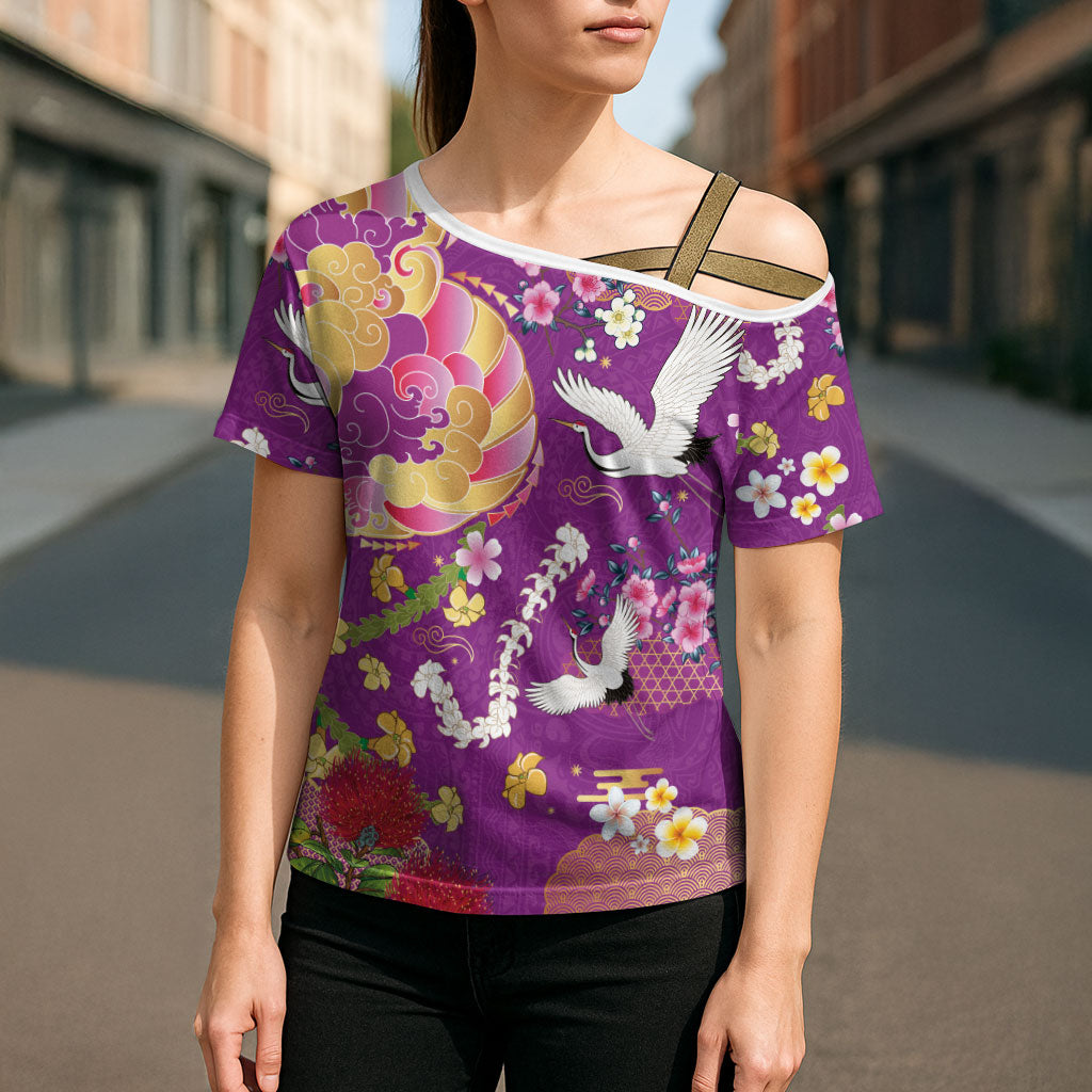 Hawaiian and Japanese Culture Together Cross Shoulder Shirt Kakau Tribal Pattern and Irezumi Art Purple Color