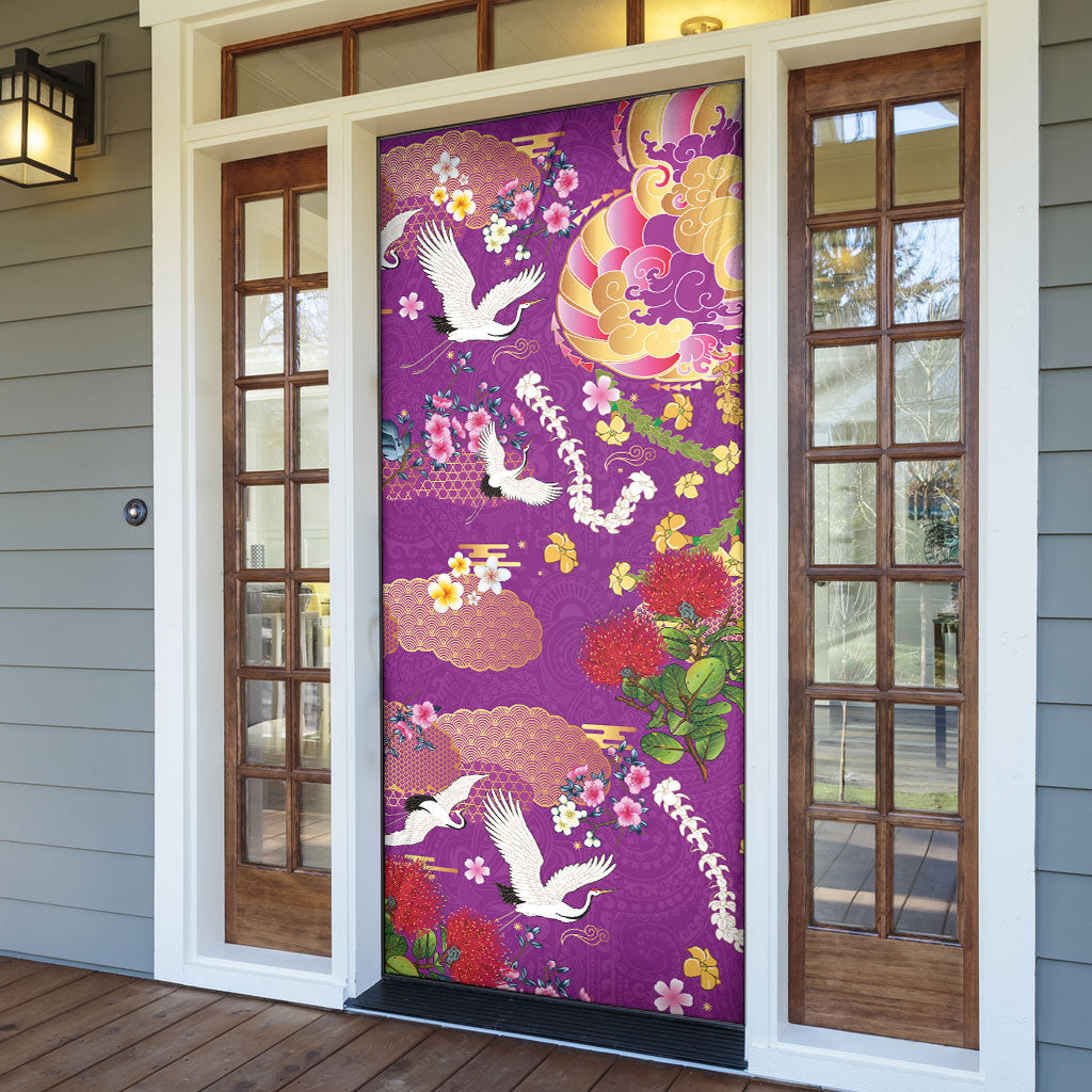 Hawaiian and Japanese Culture Together Door Cover Kakau Tribal Pattern and Irezumi Art Purple Color