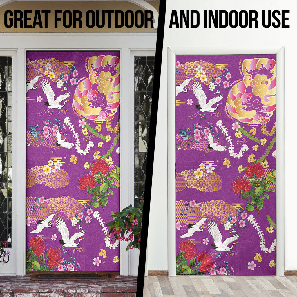 Hawaiian and Japanese Culture Together Door Cover Kakau Tribal Pattern and Irezumi Art Purple Color