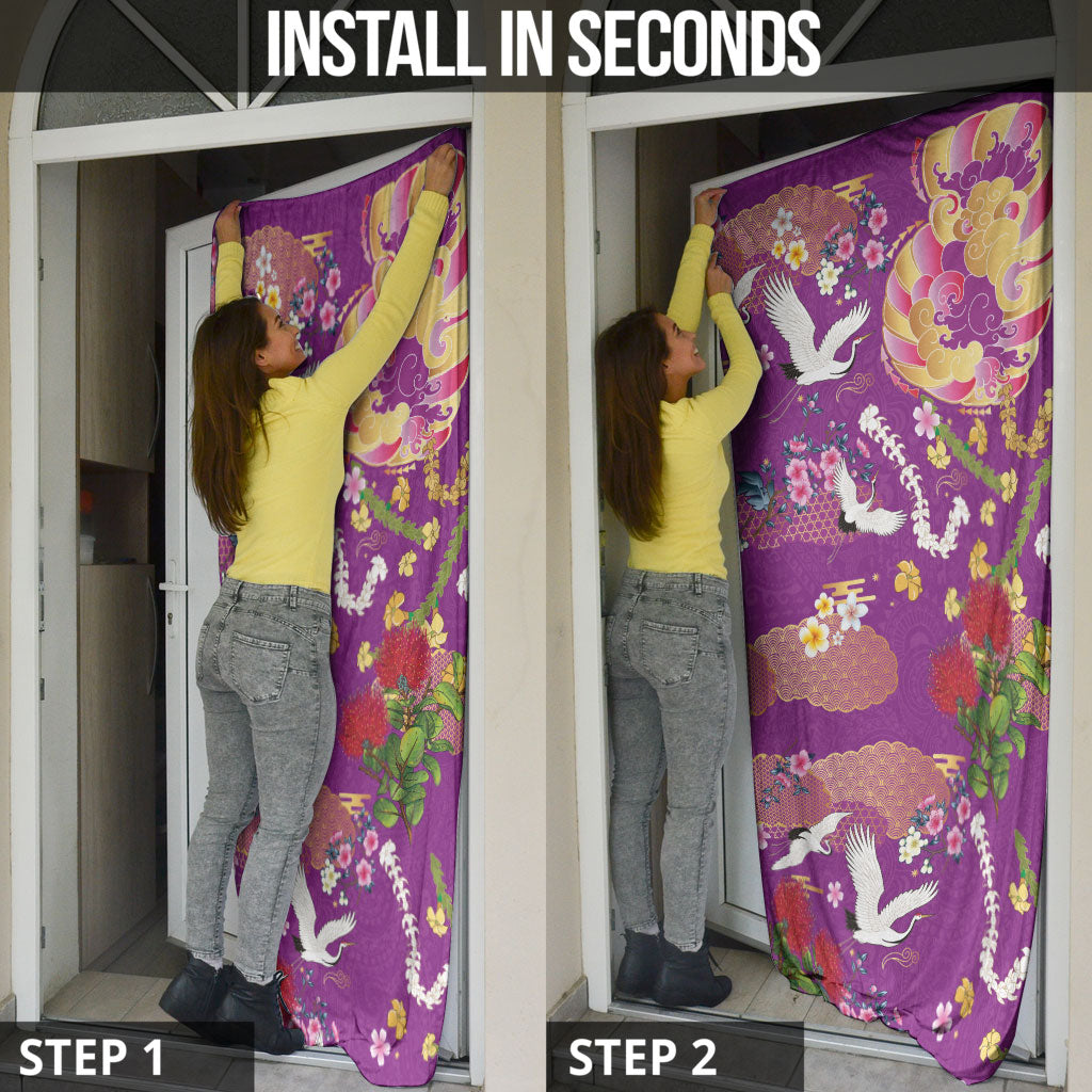 Hawaiian and Japanese Culture Together Door Cover Kakau Tribal Pattern and Irezumi Art Purple Color