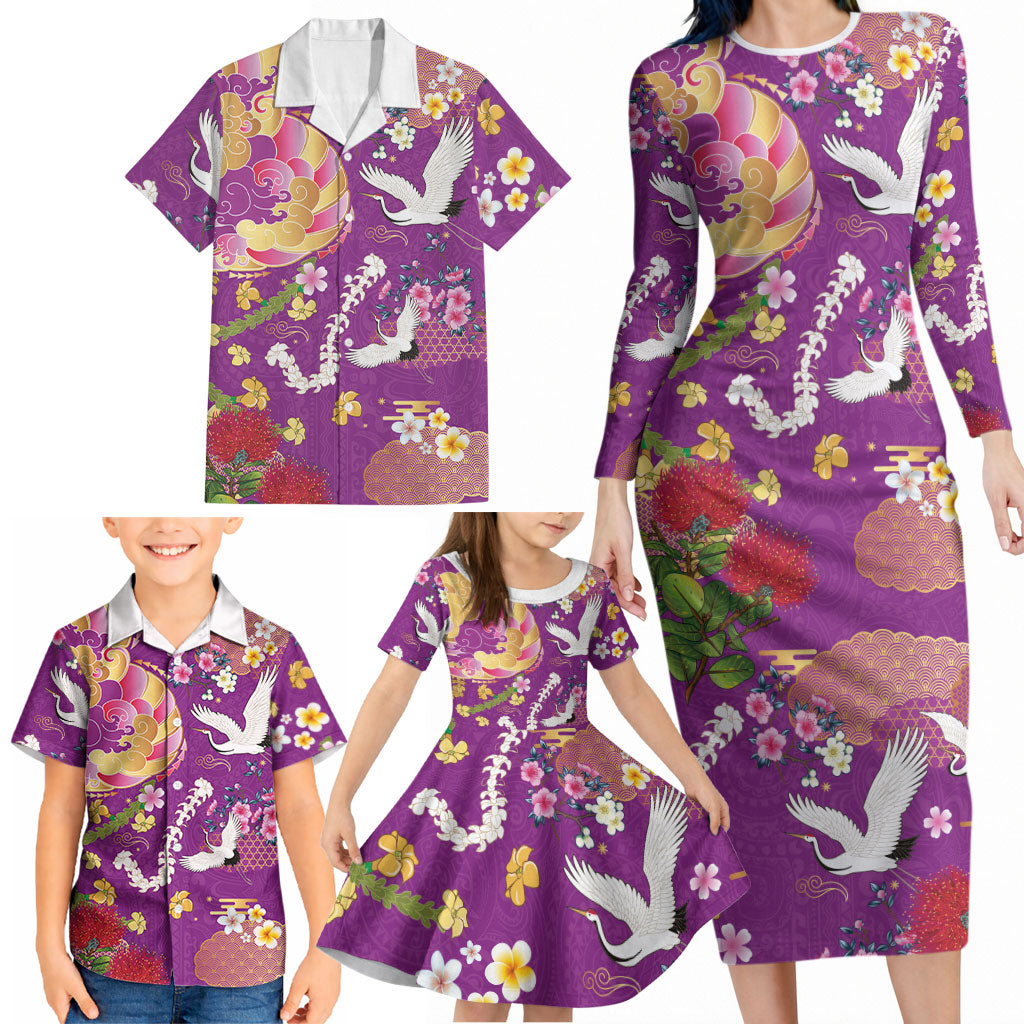 Hawaiian and Japanese Culture Together Family Matching Long Sleeve Bodycon Dress and Hawaiian Shirt Kakau Tribal Pattern and Irezumi Art Purple Color