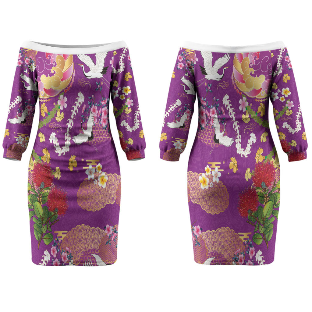 Hawaiian and Japanese Culture Together Family Matching Off The Shoulder Long Sleeve Dress and Hawaiian Shirt Kakau Tribal Pattern and Irezumi Art Purple Color